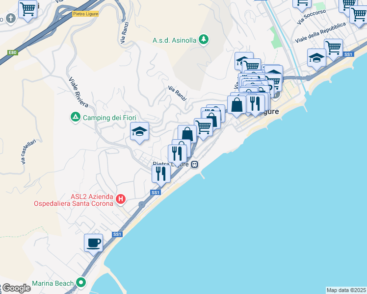 map of restaurants, bars, coffee shops, grocery stores, and more near 32 Piazza San Rocco in Pietra Ligure
