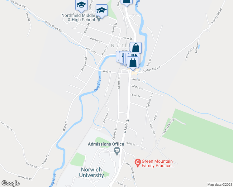 map of restaurants, bars, coffee shops, grocery stores, and more near 134 Central Street in Northfield