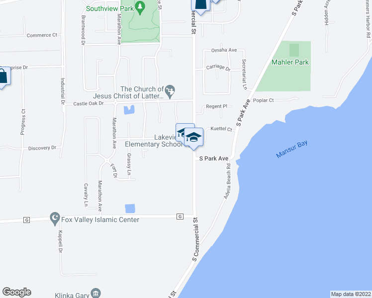 map of restaurants, bars, coffee shops, grocery stores, and more near 1645 South Commercial Street in Neenah