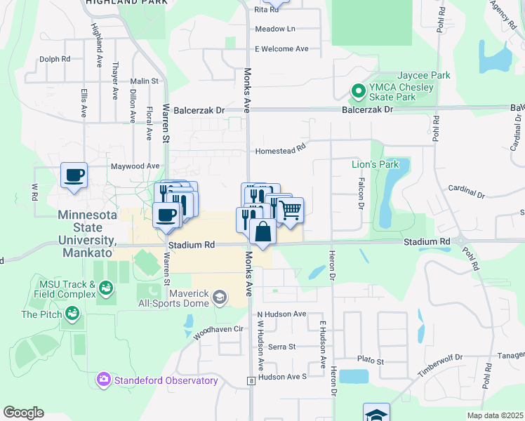 map of restaurants, bars, coffee shops, grocery stores, and more near 203 Bunting Lane in Mankato