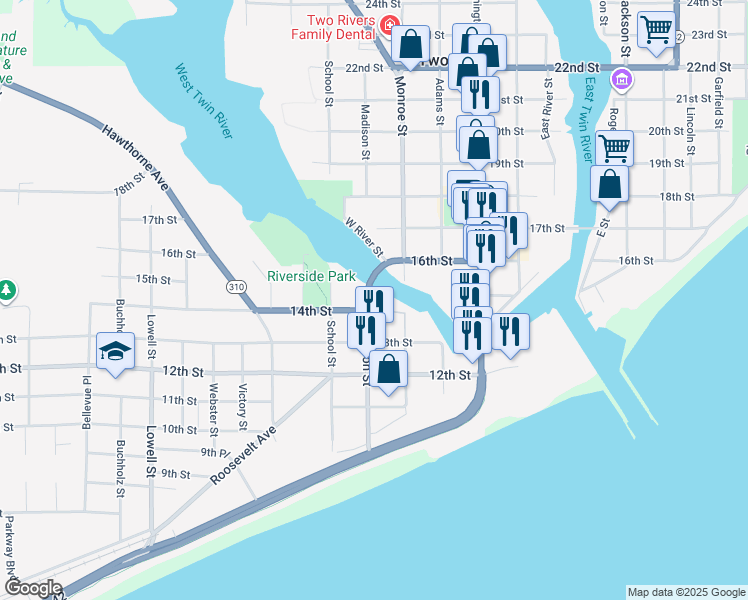 map of restaurants, bars, coffee shops, grocery stores, and more near 1720 14th Street in Two Rivers