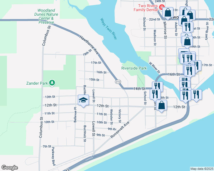 map of restaurants, bars, coffee shops, grocery stores, and more near 2310 14th Street in Two Rivers