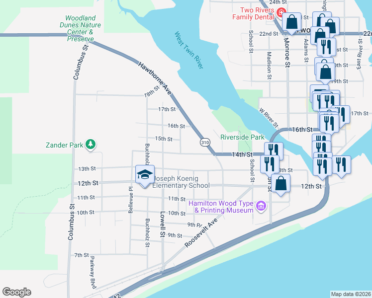 map of restaurants, bars, coffee shops, grocery stores, and more near 2310 14th Street in Two Rivers