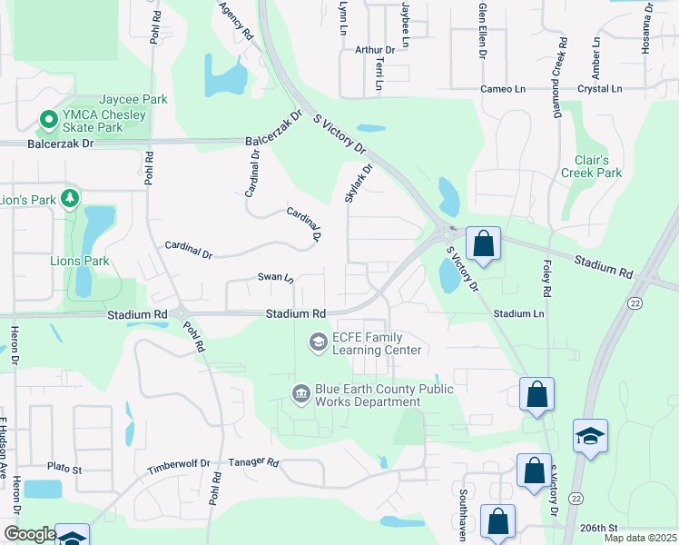 map of restaurants, bars, coffee shops, grocery stores, and more near 308 South Skylark Trail in Mankato