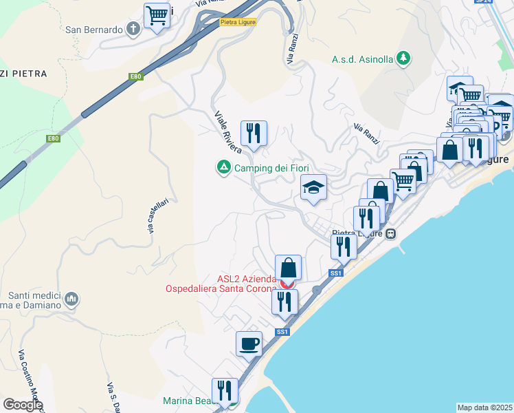 map of restaurants, bars, coffee shops, grocery stores, and more near 3 Via Felice Cascione in Pietra Ligure