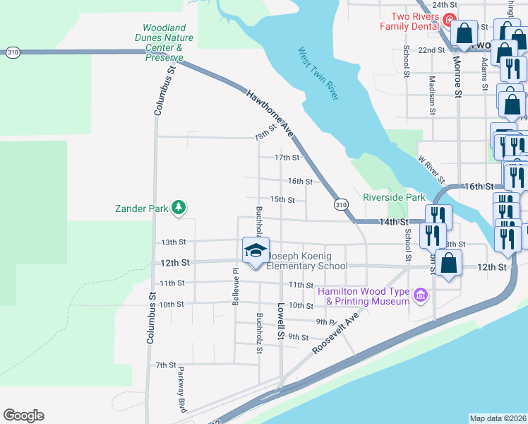 map of restaurants, bars, coffee shops, grocery stores, and more near 2518 14th Street in Two Rivers