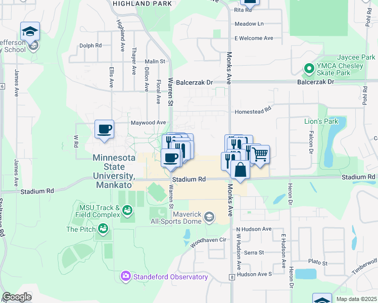 map of restaurants, bars, coffee shops, grocery stores, and more near 1530 Warren Street in Mankato