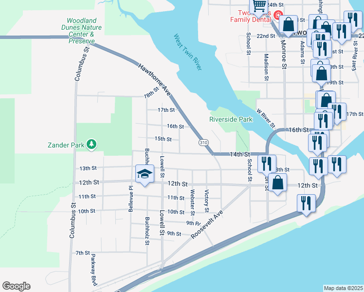 map of restaurants, bars, coffee shops, grocery stores, and more near 2310 14th Street in Two Rivers