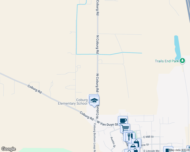 map of restaurants, bars, coffee shops, grocery stores, and more near 91404 North Coburg Road in Eugene