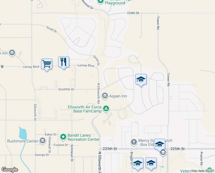 map of restaurants, bars, coffee shops, grocery stores, and more near Lincoln Drive in Ellsworth Air Force Base