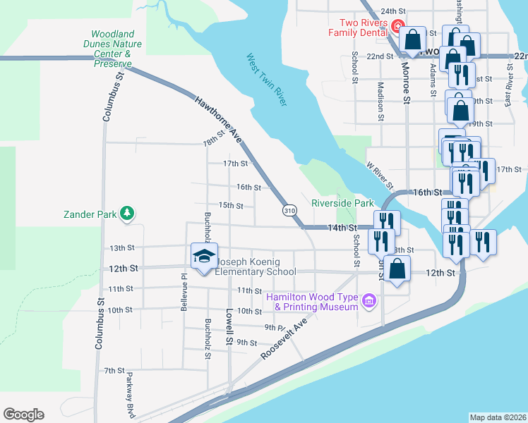 map of restaurants, bars, coffee shops, grocery stores, and more near 2310 14th Street in Two Rivers