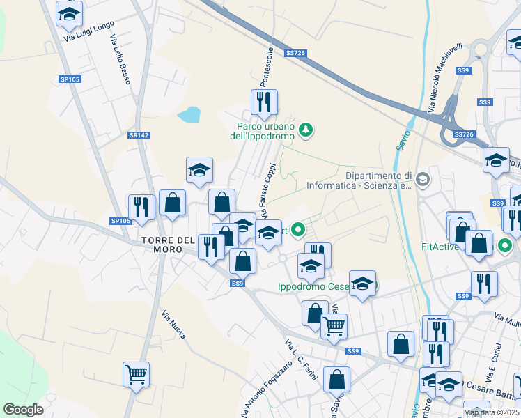 map of restaurants, bars, coffee shops, grocery stores, and more near 251 Via Fausto Coppi in Cesena