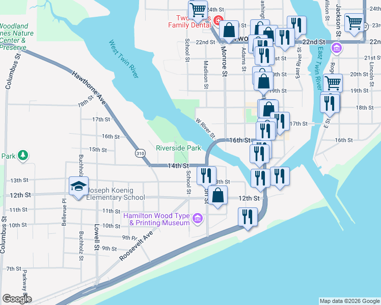 map of restaurants, bars, coffee shops, grocery stores, and more near 1409 School Street in Two Rivers