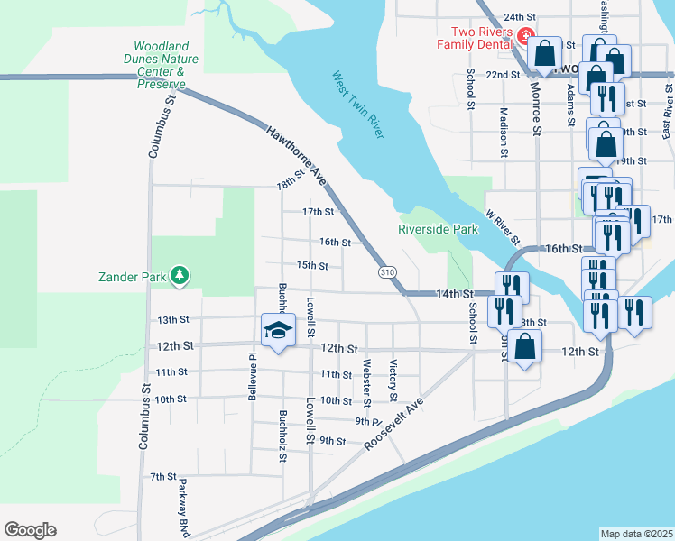 map of restaurants, bars, coffee shops, grocery stores, and more near 1420 Glenwood Street in Two Rivers