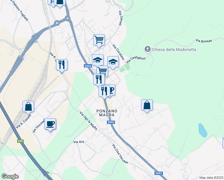 map of restaurants, bars, coffee shops, grocery stores, and more near 15 Via Venezia in Santo Stefano di Magra