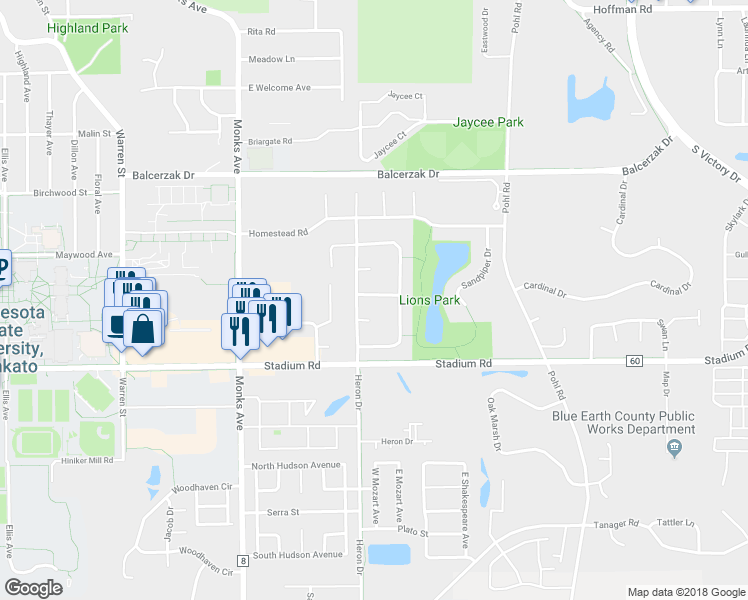 map of restaurants, bars, coffee shops, grocery stores, and more near 105 Wren Way in Mankato