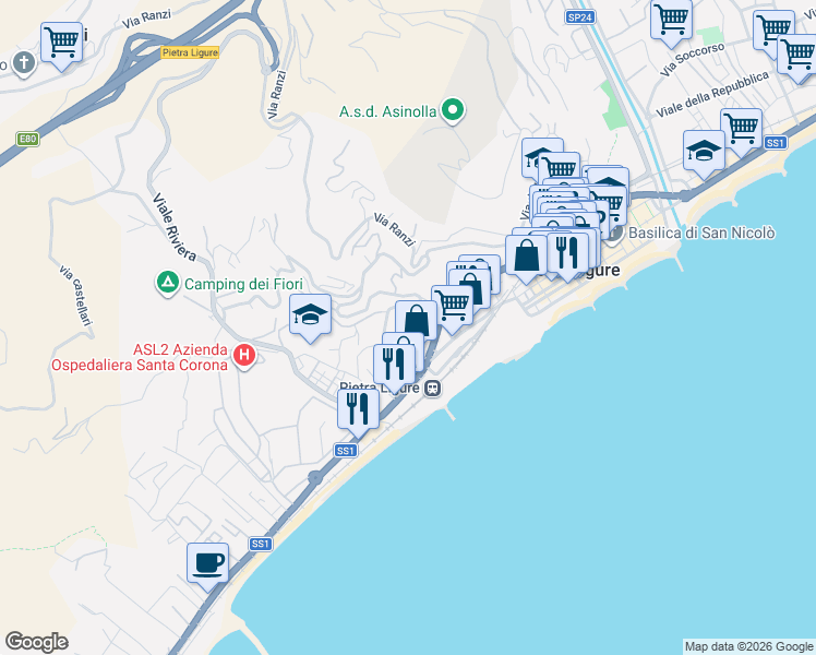 map of restaurants, bars, coffee shops, grocery stores, and more near 32 Piazza San Rocco in Pietra Ligure
