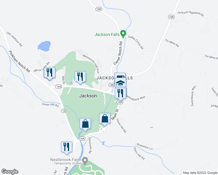 map of restaurants, bars, coffee shops, grocery stores, and more near 36 Carter Notch Road in Jackson