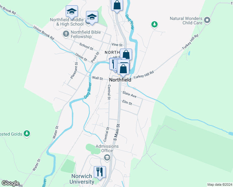 map of restaurants, bars, coffee shops, grocery stores, and more near 176 South Main Street in Northfield