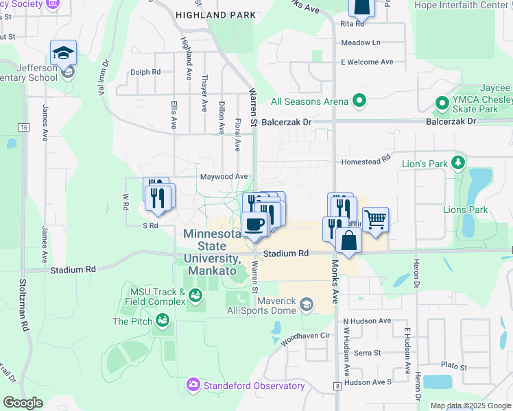 map of restaurants, bars, coffee shops, grocery stores, and more near 1600 Warren Street in Mankato