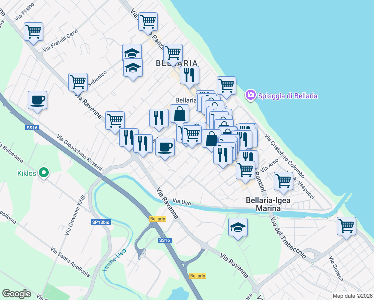 map of restaurants, bars, coffee shops, grocery stores, and more near 43 Via Don Lorenzo Milani in Bellaria-Igea Marina