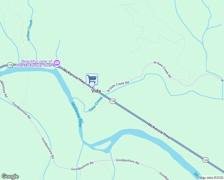 map of restaurants, bars, coffee shops, grocery stores, and more near 45656 North Gate Creek Road in Vida