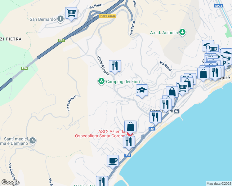 map of restaurants, bars, coffee shops, grocery stores, and more near 3 Via Felice Cascione in Pietra Ligure