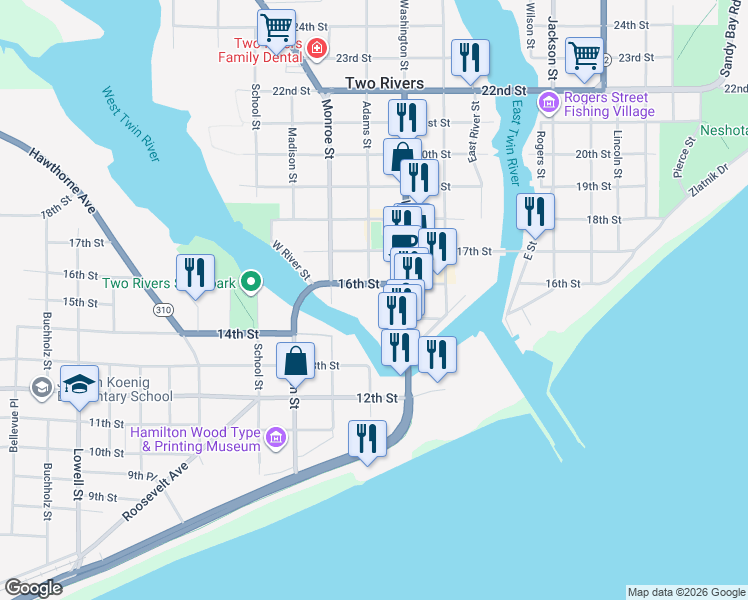 map of restaurants, bars, coffee shops, grocery stores, and more near 1523 16th Street in Two Rivers