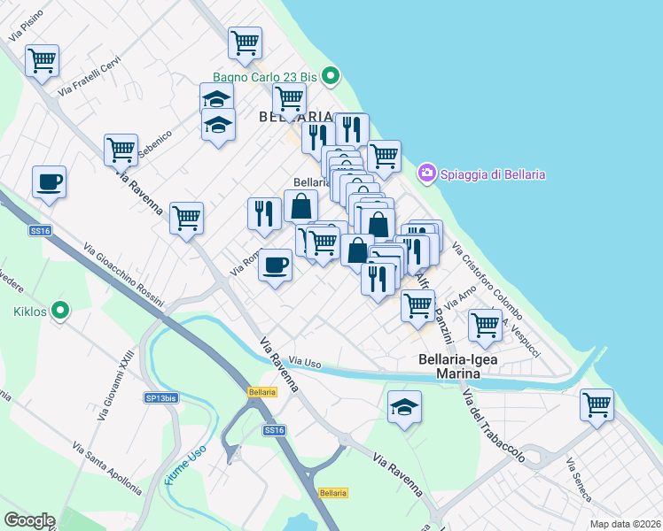 map of restaurants, bars, coffee shops, grocery stores, and more near 9 Via Adolfo Albertazzi in Igea Marina
