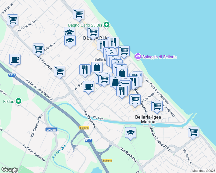 map of restaurants, bars, coffee shops, grocery stores, and more near 9 Via Albertazzi in Bellaria