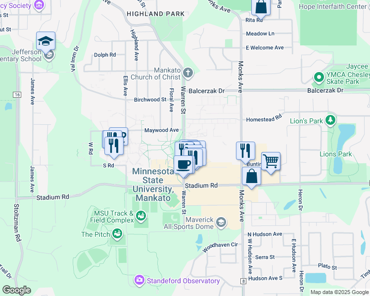 map of restaurants, bars, coffee shops, grocery stores, and more near in Mankato