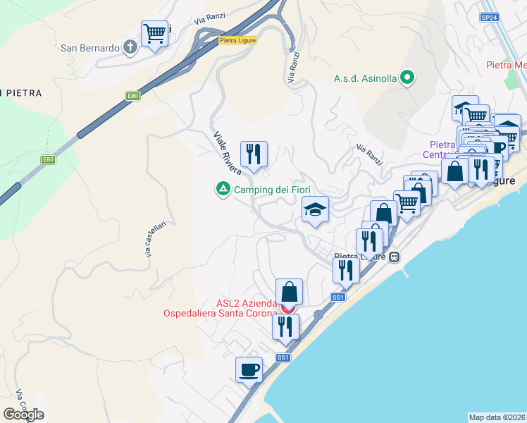 map of restaurants, bars, coffee shops, grocery stores, and more near 9 Via Moilastrini in Pietra Ligure