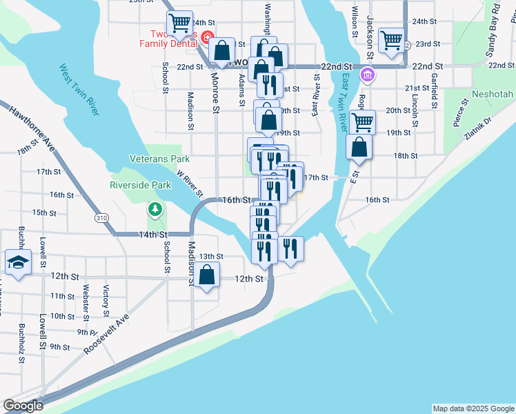 map of restaurants, bars, coffee shops, grocery stores, and more near 1606 Washington Street in Two Rivers