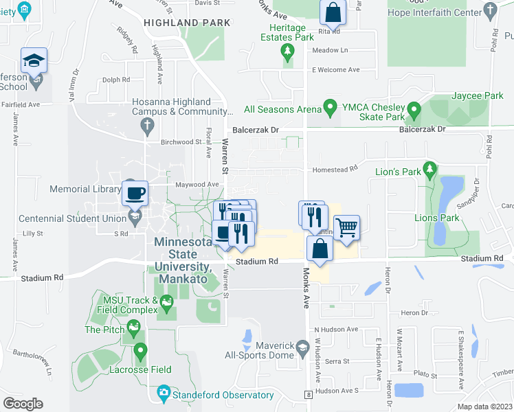 map of restaurants, bars, coffee shops, grocery stores, and more near 1516 Warren Street in Mankato
