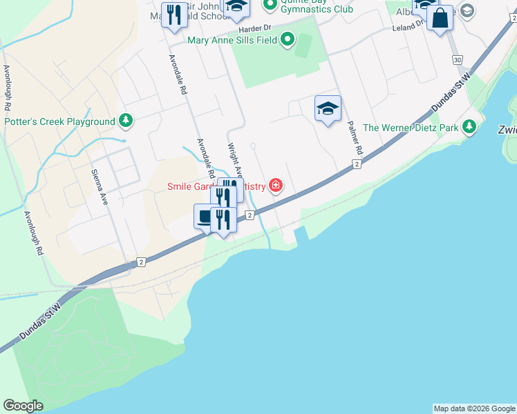 map of restaurants, bars, coffee shops, grocery stores, and more near 414 Dundas Street West in Belleville