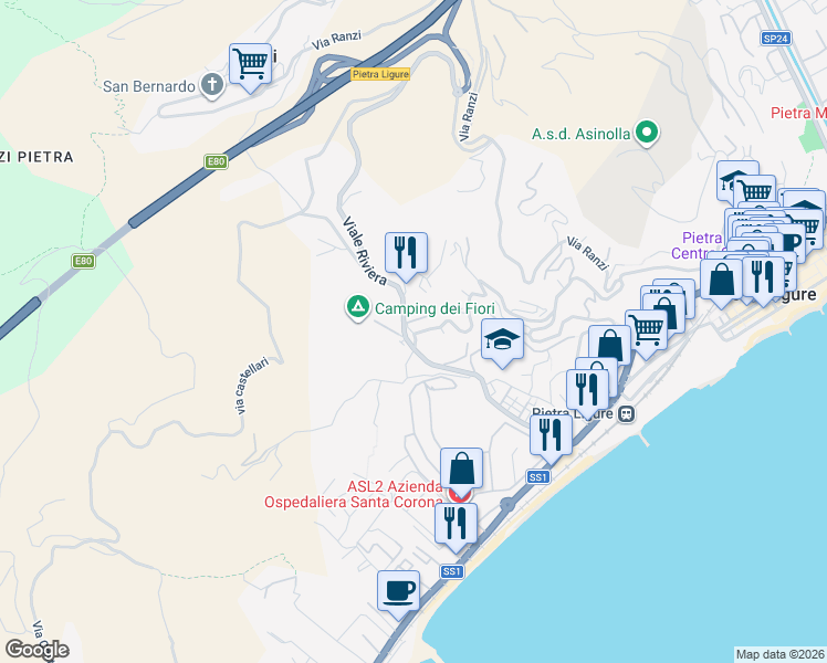 map of restaurants, bars, coffee shops, grocery stores, and more near 9 Via Moilastrini in Pietra Ligure