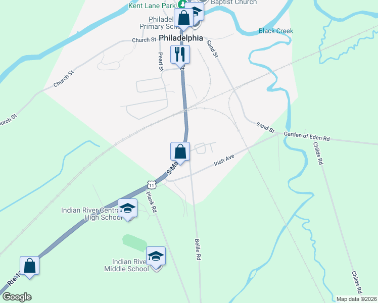 map of restaurants, bars, coffee shops, grocery stores, and more near South Main Street & Philadelphia Courts Drive in Philadelphia