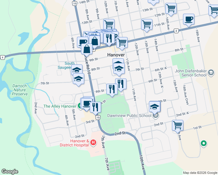 map of restaurants, bars, coffee shops, grocery stores, and more near 281 6th Street in Hanover