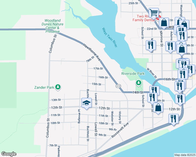 map of restaurants, bars, coffee shops, grocery stores, and more near 2422 16th Street in Two Rivers