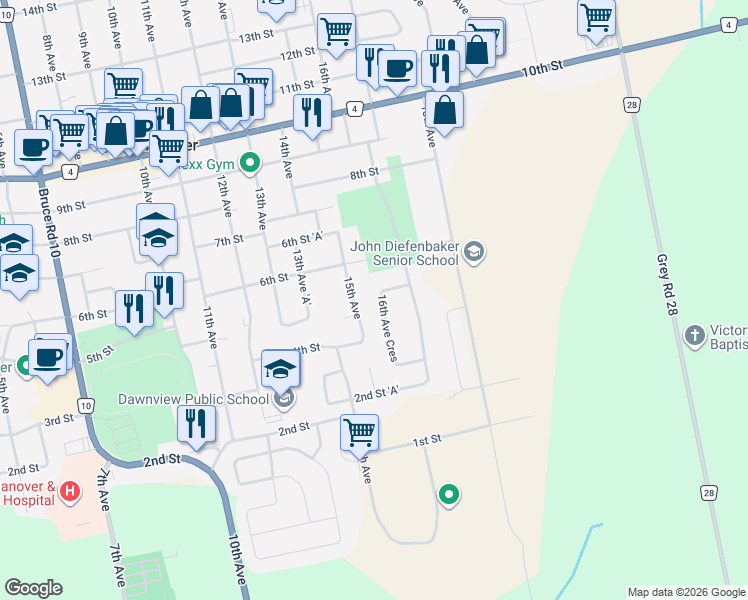 map of restaurants, bars, coffee shops, grocery stores, and more near 246 16th Avenue Crescent in Hanover