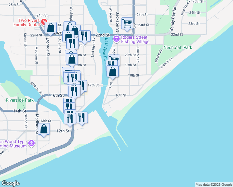 map of restaurants, bars, coffee shops, grocery stores, and more near 1106 16th Street in Two Rivers