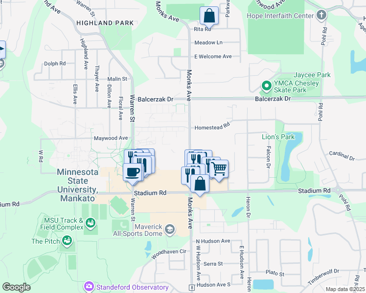 map of restaurants, bars, coffee shops, grocery stores, and more near 1400 Warren Street in Mankato