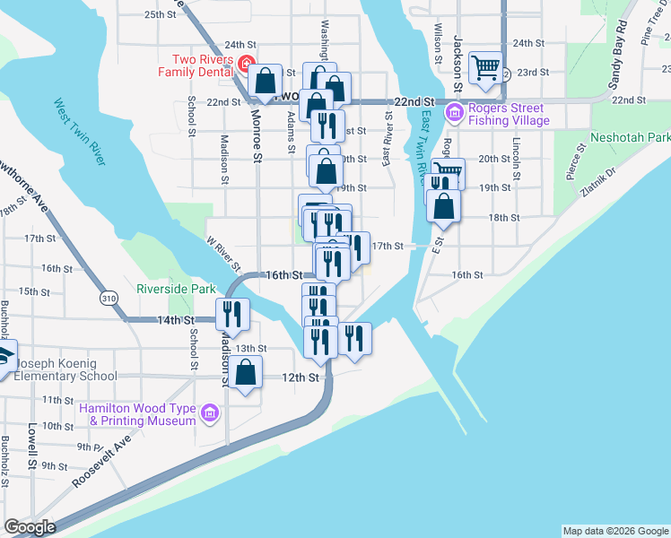 map of restaurants, bars, coffee shops, grocery stores, and more near 1606 Washington Street in Two Rivers