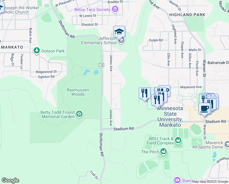 map of restaurants, bars, coffee shops, grocery stores, and more near 412 James Avenue in Mankato