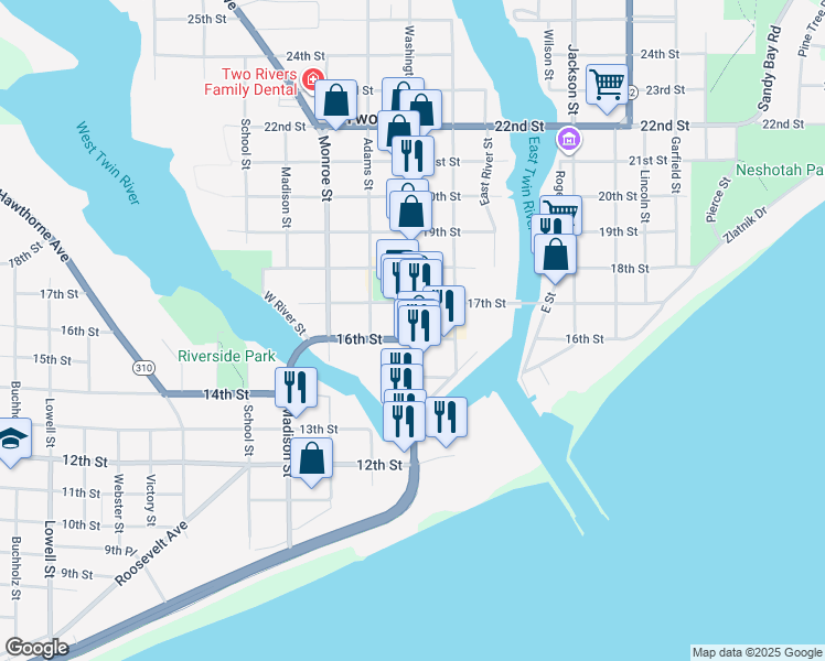 map of restaurants, bars, coffee shops, grocery stores, and more near 1606 Washington St in Two Rivers