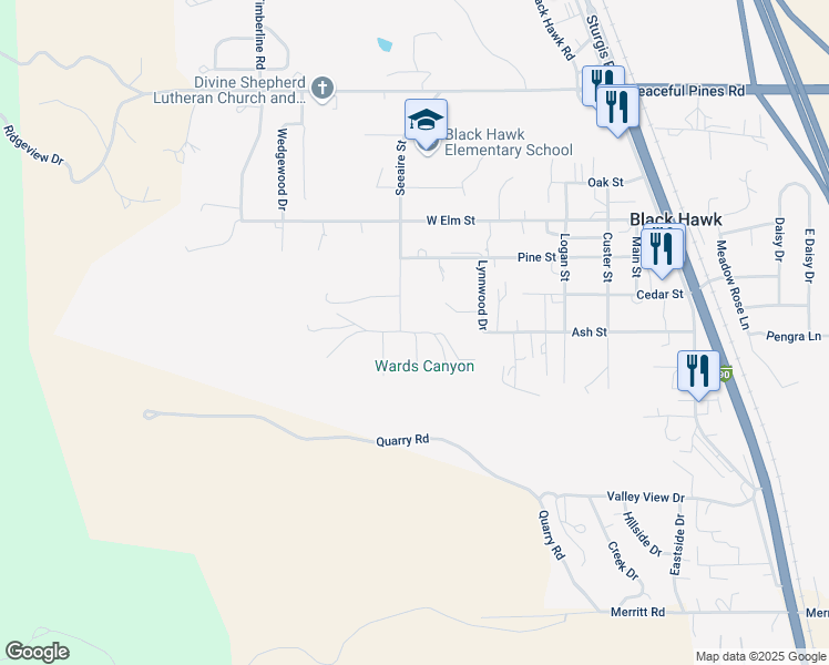 map of restaurants, bars, coffee shops, grocery stores, and more near 6565 Spruce Court in Black Hawk