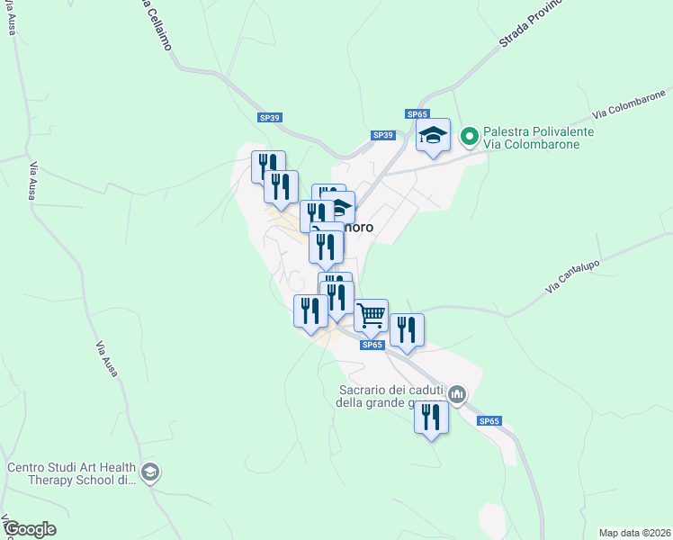 map of restaurants, bars, coffee shops, grocery stores, and more near Strada Provinciale 65 in Bertinoro