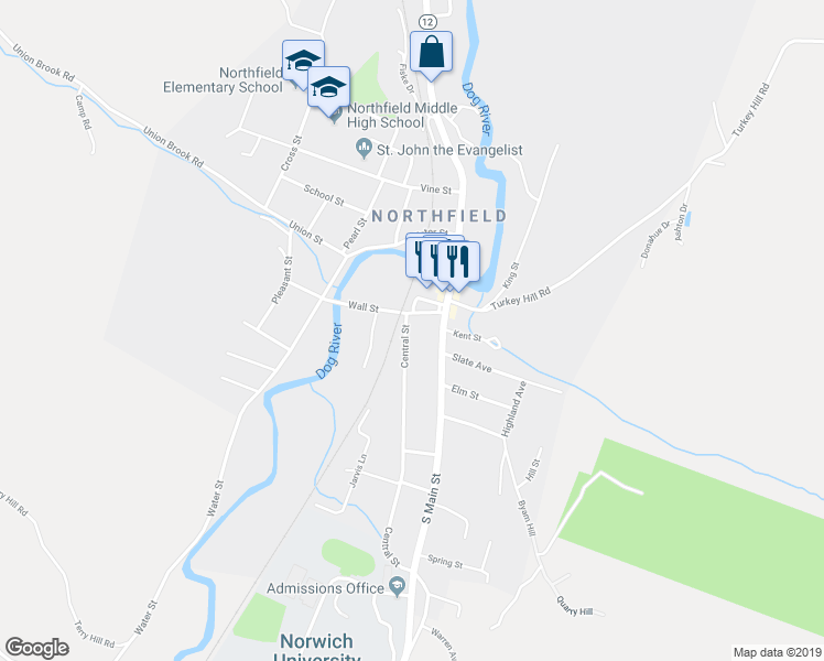 map of restaurants, bars, coffee shops, grocery stores, and more near 25 Central Street in Northfield