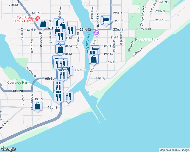 map of restaurants, bars, coffee shops, grocery stores, and more near 1106 16th Street in Two Rivers