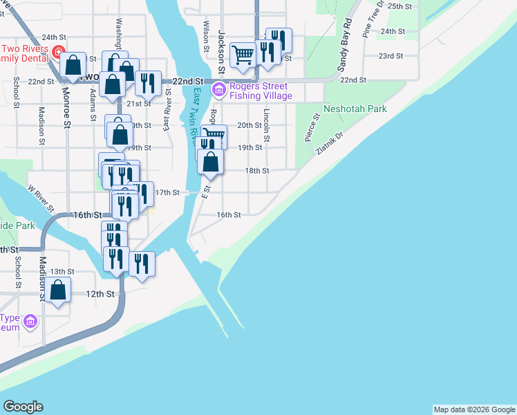 map of restaurants, bars, coffee shops, grocery stores, and more near 908 16th Street in Two Rivers